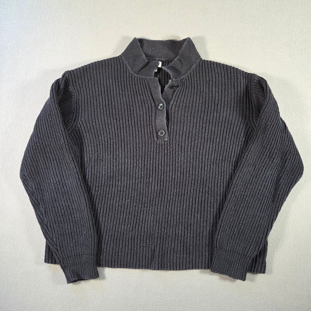 J Crew Sweater Womens Large Black Henley Ribbed Heavyweight Fisherman Cropped